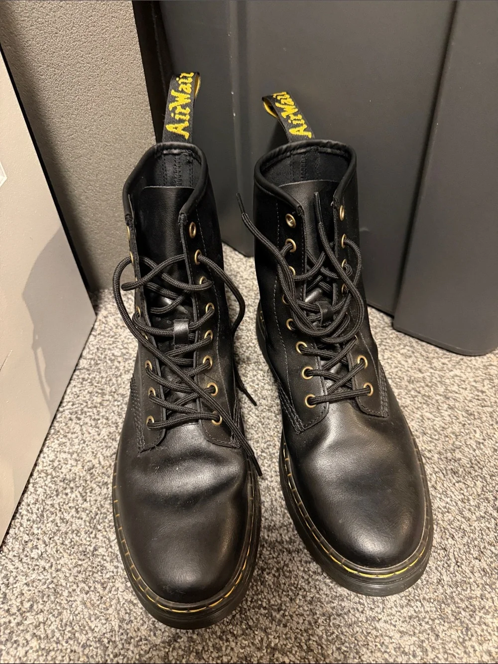Doc Martens Zavala Black Leather Combat Boots with Yellow Stitching - men’s 10